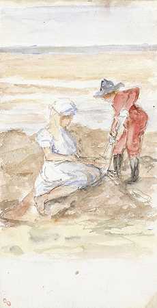 孩子们在海滩上玩耍`Kinderen spelend aan het strand (1834 ~ 1911) by Jozef Israëls