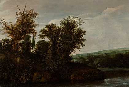 一片树木繁茂的河流景观，有一个骑手，大约`A wooded river landscape with a horseman, circa (1623~4) by Hendrik Cornelisz. Vroom