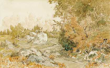 枫丹白露森林中的巴黎之路`The road to Paris  in Fontainebleau forest by Théodore Rousseau
