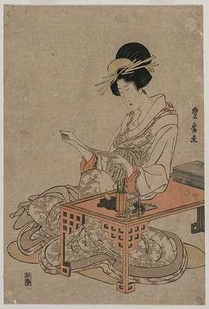 坐在写字台旁的妓女`Courtesan Seated at a Writing Table (c. late 1790s) by Utagawa Toyohiro