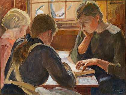 儿童阅读`Children reading (1916) by Pekka Halonen