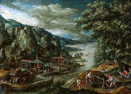 河流景观与铁矿景观`River landscape with iron mining scene (1611) by Marten Van Valckenborch