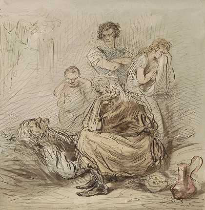 和一个撒谎的人在一起`Rouwende figuren bij een liggende man (c. 1854 ~ c. 1887) by Alexander Ver Huell