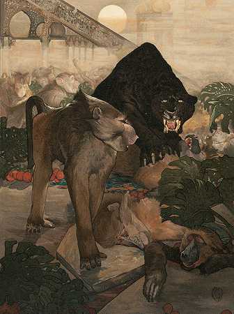 猴子大战`Monkey Fight (1903) by Maurice And Edward Detmold