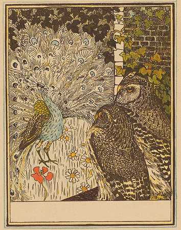 孔雀和两只猫头鹰`Peacock And Two Owls (1895) by Theo van Hoytema
