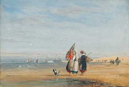 加莱海滩上有虾和狗`Calais beach with shrimpers and a dog by David Cox