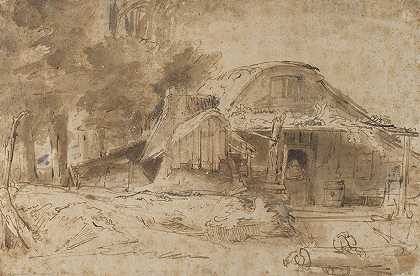 靠近树林入口的小屋`Cottage near the Entrance to a Wood (1644) by Rembrandt van Rijn