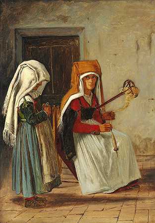 塞瓦拉的家庭场景`Huslig scene i Cervara (1836) by Martinus Rørbye