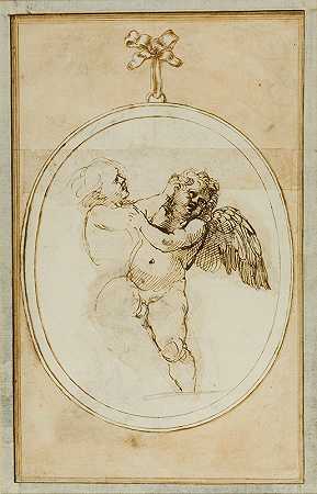 两个普提人打架法尔内塞画廊的研究`Two Putti Fighting; Study for the Galleria Farnese (1599~1601) by Annibale Carracci