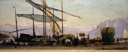 在Ouchy卸干草`Unloading The Hay In Ouchy (1867) by François Bocion