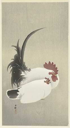 公鸡和母鸡`Rooster and hen (1900 ~ 1930) by Ohara Koson