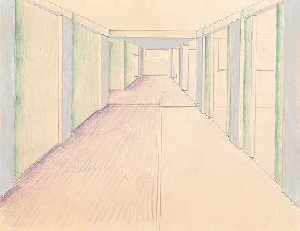 [不明房间的室内设计图纸。][绿色和紫色走廊草图`[Interior design drawings for unidentified rooms.] [Sketch for hallway colored green and purple (1910) by Winold Reiss