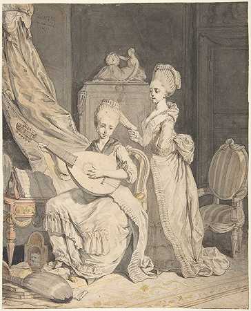 两个女人在优雅的室内伴奏歌手`Two Women in an Elegant Interior; a Singer Accompanied by a Lutenist (1771) by a Lutenist by Pierre Alexandre Wille