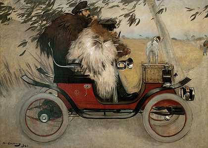 拉蒙·卡萨斯和佩雷·罗密欧在一辆汽车里`Ramon Casas And Pere Romeu In An Automobile (1901) by Ramón Casas