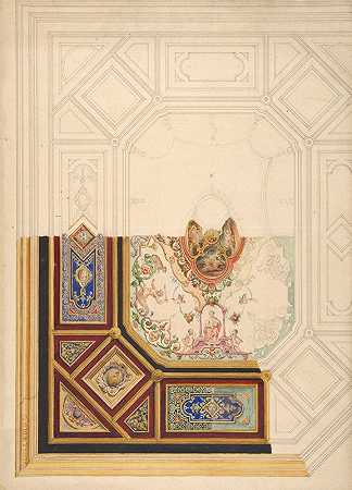 用怪诞图案绘制镶板天花板的设计`Design for a paneled ceiling to be painted in grotesque motifs (19th Century) by Jules-Edmond-Charles Lachaise