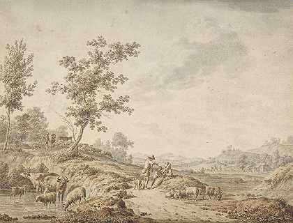 牧民和他们的牛的景观`Landscape with Herdsmen and Their Cattle (1785) by Jordanus Hoorn