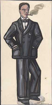一个穿着黑色西装抽烟的男人`Man in a black suit, smoking by Sergey Yurievich Sudeikin