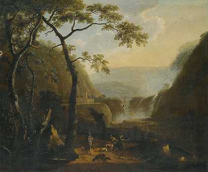 瀑布附近有猎人的风景`A Landscape With Hunters Near A Waterfall by Barend Appelman