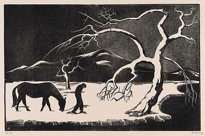 雪地里骑马的人`Man met paard in de sneeuw (1927) by Bernard Essers