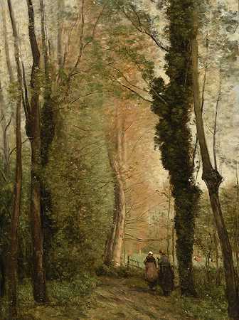 春天树下的小径`Un chemin sous les arbres au printemps (1860~1870) by Jean-Baptiste-Camille Corot