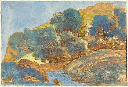 有溪流的丘陵景观`Hilly Landscape with a Stream (1800~1805) by Franz Kobell