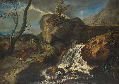 攻击性景观`Landschaft mit Überfall (1700) by Anton Faistenberger