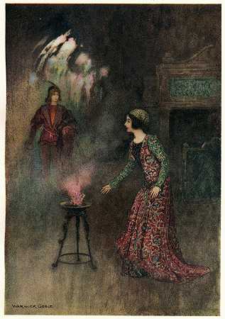 在内拉面前出现的王子`The Prince appearing to Nella (1911) by Warwick Goble