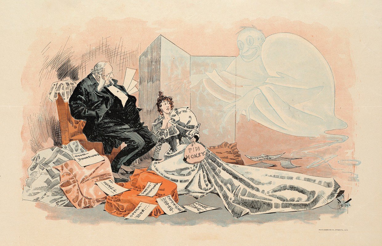 一男一女坐着看鬼魂。`A man and woman sit looking at a ghost. (1895)