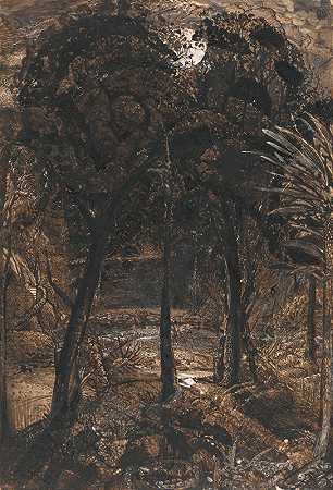 月光下蜿蜒的河流`A Moonlit Scene with a Winding River (ca. 1827) by Samuel Palmer