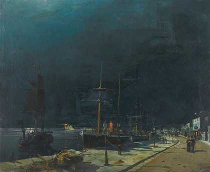 夜晚的港湾`Harbour at night by Constantinos Volanakis