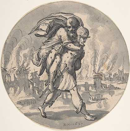 埃涅阿斯从燃烧的特洛伊城营救了他的父亲`Aeneas Rescues his Father from Burning Troy (1627) by Rudolf Meyer