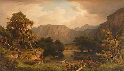 苍鹭山湖`Mountain lake with herons by Heinrich Funk