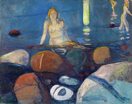 夏夜。美人鱼`Summer Night. Mermaid (1893) by Edvard Munch