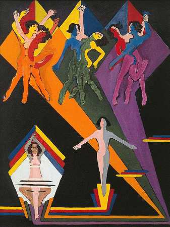 在五颜六色的光线下跳舞的女孩`dancing girls in colourful rays (1932 ~ 1937) by Ernst Ludwig Kirchner