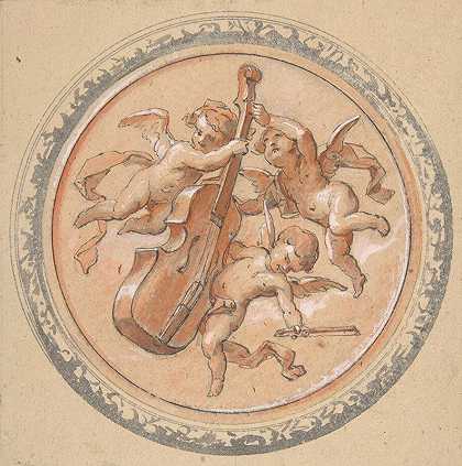带有手持大提琴的putti的奖章`Medallion with putti holding a cello (19th Century) by Jules-Edmond-Charles Lachaise