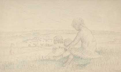 孩子们拿着球拍坐在山坡上`Children Seated on a Hillside with a Racquet (19th century) by Charles-Emmanuel Serret