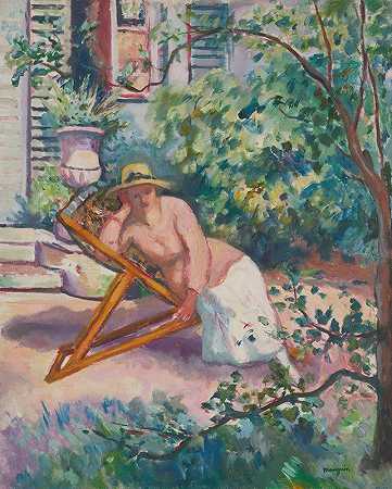 珍妮在纽伊花园里`Jeanne Dans Le Jardin De Neuilly (1919) by Henri Manguin
