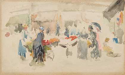花卉市场迪耶普`Flower Market; Dieppe (1885) by James Abbott McNeill Whistler