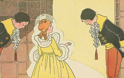 弗博尔公主身着金色礼服出席皇家节日。`Princess Furball attends the royal festival adorned in her golden dress. (1921) by Margaret Evans Price