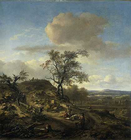 有猎人和其他人物的风景`Landscape with a Hunter and other Figures (c. 1660 ~ c. 1670) by Jan Wijnants