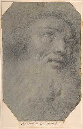 一个留胡子的男人的头，抬头看向右边`Head of a Bearded Man, Looking up to the Right (ca. 1595–1615) by Bartolomeo Schedoni