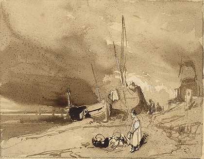 波德·德·普拉格（海滩上的渔船，远处的风暴云）`Bord de Plage (Fishing~boats on a beach, storm clouds in the distance) (1830) by Eugène Isabey