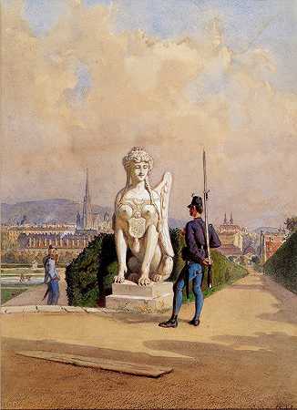 库兹韦尔在维也纳丽城宫殿花园的守卫处`Kurzweil auf der Wache im Garten des Schlosses Belvedere in Wien (1867~1880) by Carl Goebel the younger