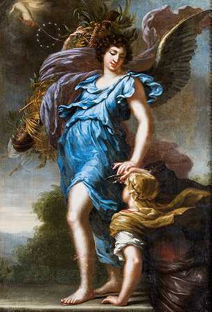 国王查尔斯十一世她是守护天使。寓言`King Charles XIs guardian angel. Allegory (1668) by David Klöcker Ehrenstrahl