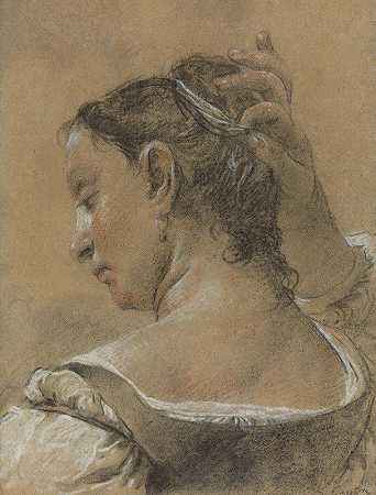 一位年轻女子正在整理她的头发`A Young Woman Fixing Her Hair (c. 1745) by Domenico Maggiotto