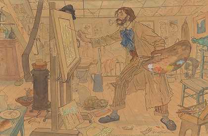 一位有点讽刺意味的画家（在东简·斯卢伊特斯）在他的工作室里画着一幅发光画`Een enigszins karikaturaal weergegeven schilder ( wsch. Jan Sluyters) werkend in zijn atelier aan een luministisch landschap (1900) by Leo Gestel