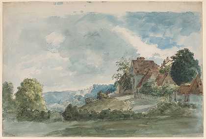 广阔景观中的小屋`Cottages in an Extensive Landscape (late 1820s) by William Henry Hunt