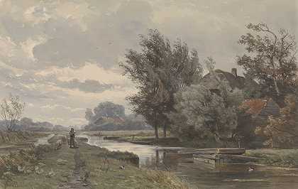 水边农场牧羊人`Herder met schapen bij boerderij aan water (1835 ~ 1892) by Jan Willem van Borselen
