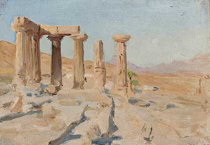 科林斯的阿波罗神庙和帕纳苏斯山。从希腊之旅`Temple of Apollo and Mount Parnassus in Corinth. From the journey to Greece (1905) by Jan Ciągliński