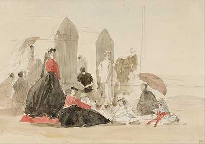 小木屋`Crinolines and Cabins (1865) by Eugène Boudin